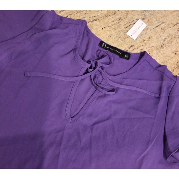 New! NY & Co Size L Purple Flutter Sleeve Tie Neck Keyhole Blouse Cute - Picture 7 of 11